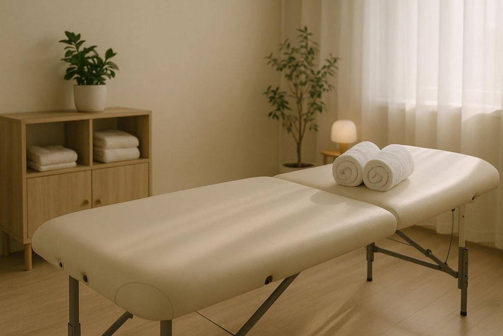 A clean, welcoming physical therapy treatment room with a cream-colored treatment table, two rolled white towels, a light wood cabinet with folded towels, and potted plants.