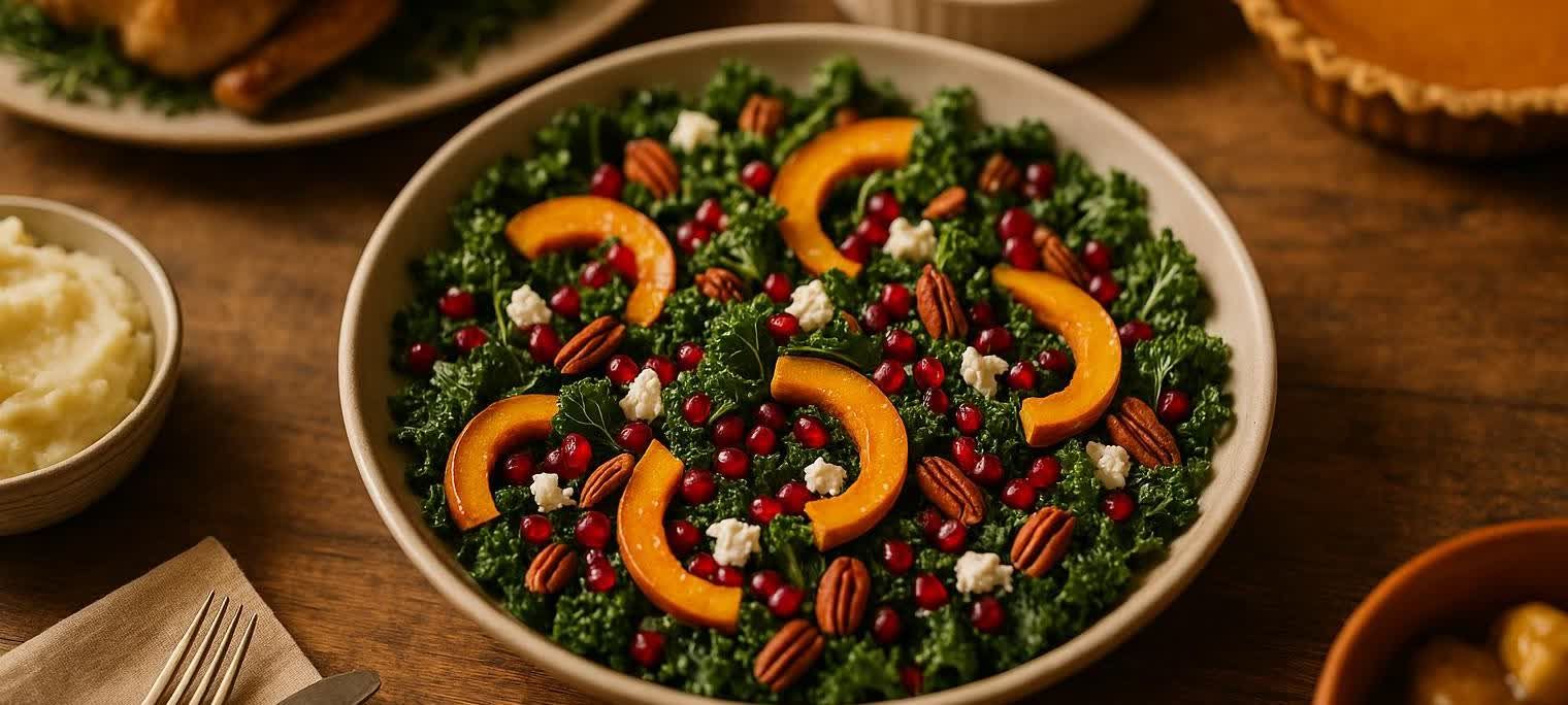 A stunning Thanksgiving salad, rich with colorful fall ingredients, serves as the centerpiece on a rustic, beautifully set holiday table. The salad features vibrant green kale, bright red pomegranate seeds, golden-orange roasted squash slices, pecans, and crumbled white cheese.