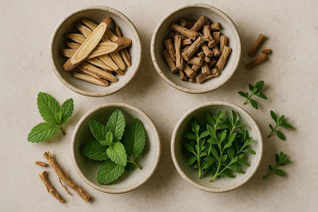 An overhead shot of four small ceramic bowls arranged in a grid, each containing a different type of herb. The top left bowl holds light brown wood slices, the top right contains small, ridged light brown pieces, the bottom left has vibrant green mint leaves, and the bottom right holds small green leafy sprigs. Additional herbs are scattered around the bowls.