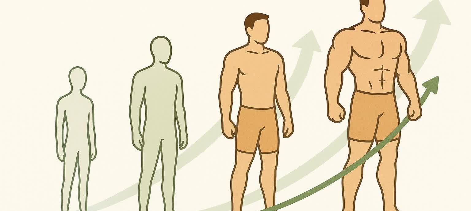Illustration showing a graph with four figures representing a person increasing in muscle mass over time.