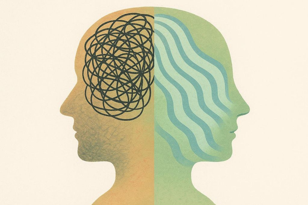 An illustration depicting a split head profile, showing a tangled messy brain on one side representing anxiety, and wavy calm lines on the other representing mental clarity or calmness.