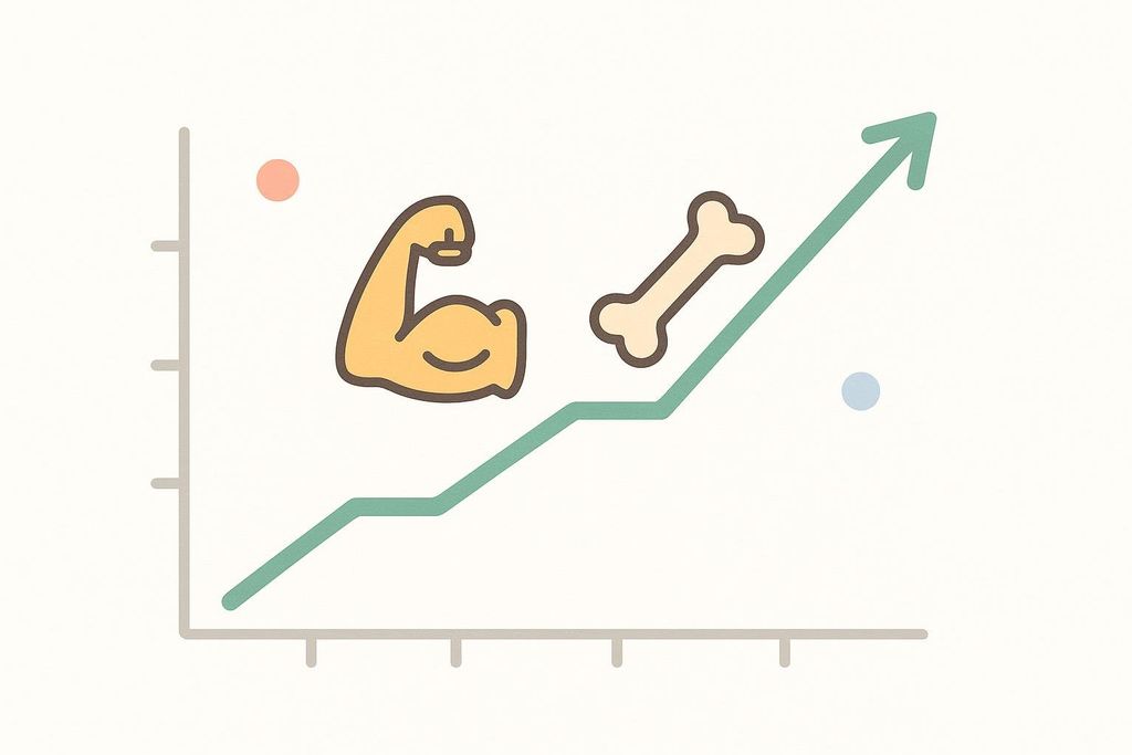 An illustration of an upward-trending line graph with a stylized bicep muscle and a bone icon placed along the line, signifying improved health, muscle growth, or bone density.