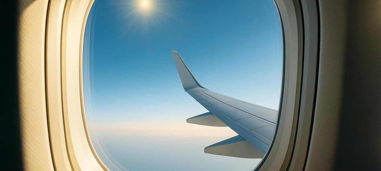 A bright airplane wing is visible from inside the cabin window, set against a clear blue sky with a shining sun. Below the wing, a hazy white layer of clouds or atmosphere is visible.