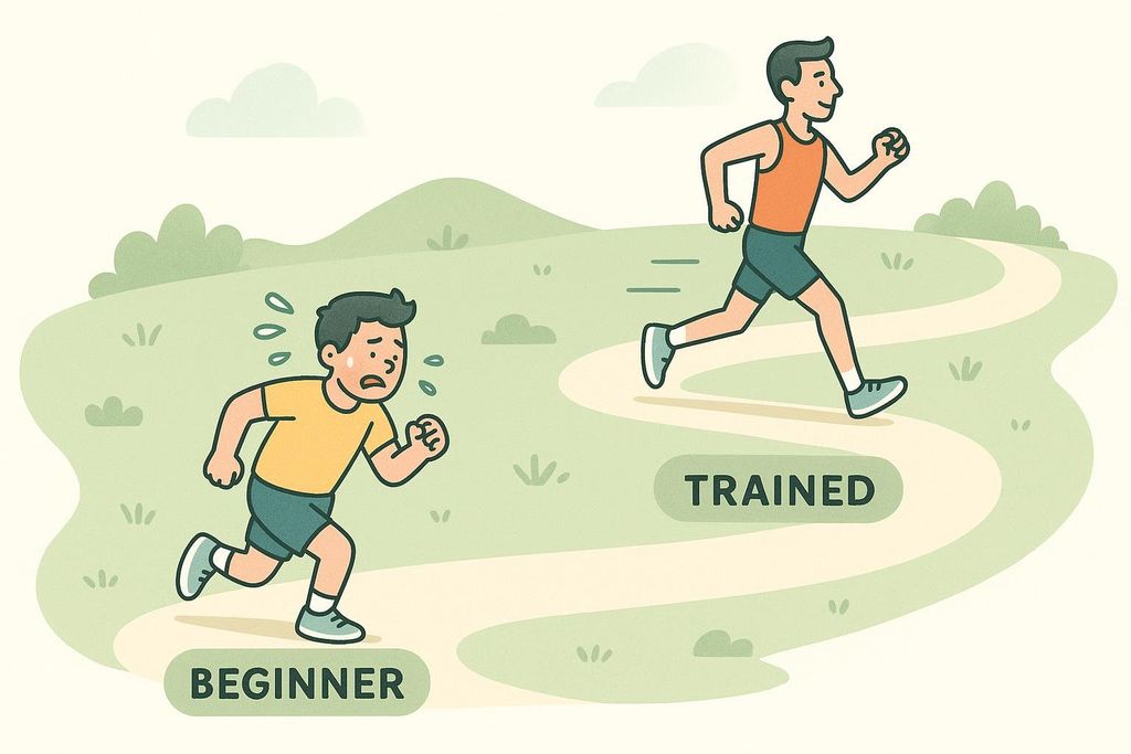 An illustration depicting a crying, sweating beginner runner struggling on a path, while a smiling, efficient trained runner effortlessly glides on the same path, demonstrating the difference in fitness levels.