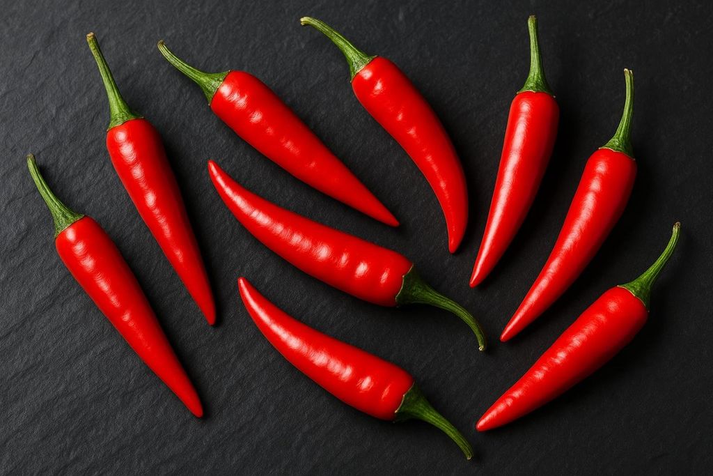 Several vibrant red chili peppers are scattered across a dark, textured surface, viewed from directly above.