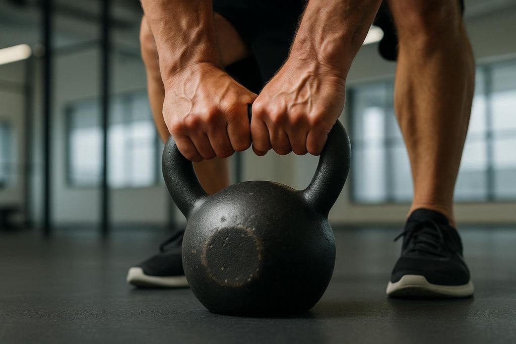 Close-up of a person's hands gripping the handle of a black kettlebell on a gym floor, with blurred legs and shoes in the background.
