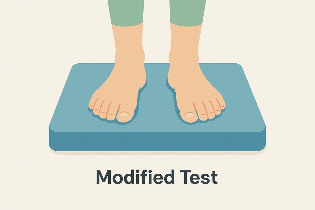 An illustration of two bare feet standing on a blue rectangular mat, with the words "Modified Test" written below the mat.