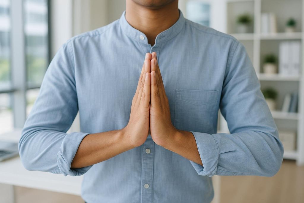 Close-up of a man in a light blue shirt performing a prayer stretch with his hands, a common yoga pose for wrist and forearm flexibility. The background is blurred, showing an indoor office or home setting with a window and shelves.