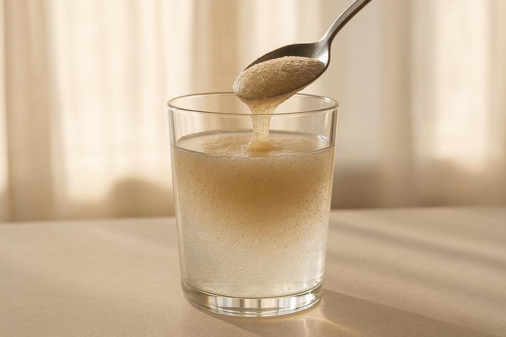 Psyllium husk powder mixing into water and forming a gel. A spoonful of the beige, gelatinous substance is being poured into a clear glass containing more of the mixture, which shows a gradient of settled white powder at the bottom to a cloudy, foamy beige at the top.