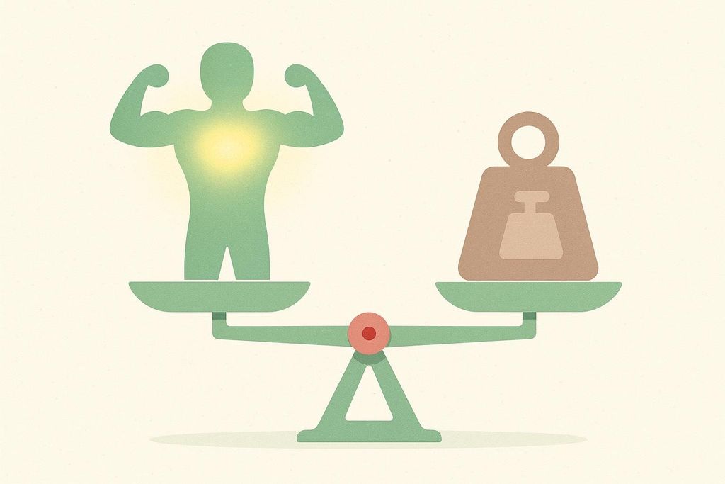 An abstract illustration depicting a balanced scale, with a green muscular human figure on the left pan and a brown weight on the right pan, symbolizing an optimal power-to-weight ratio.