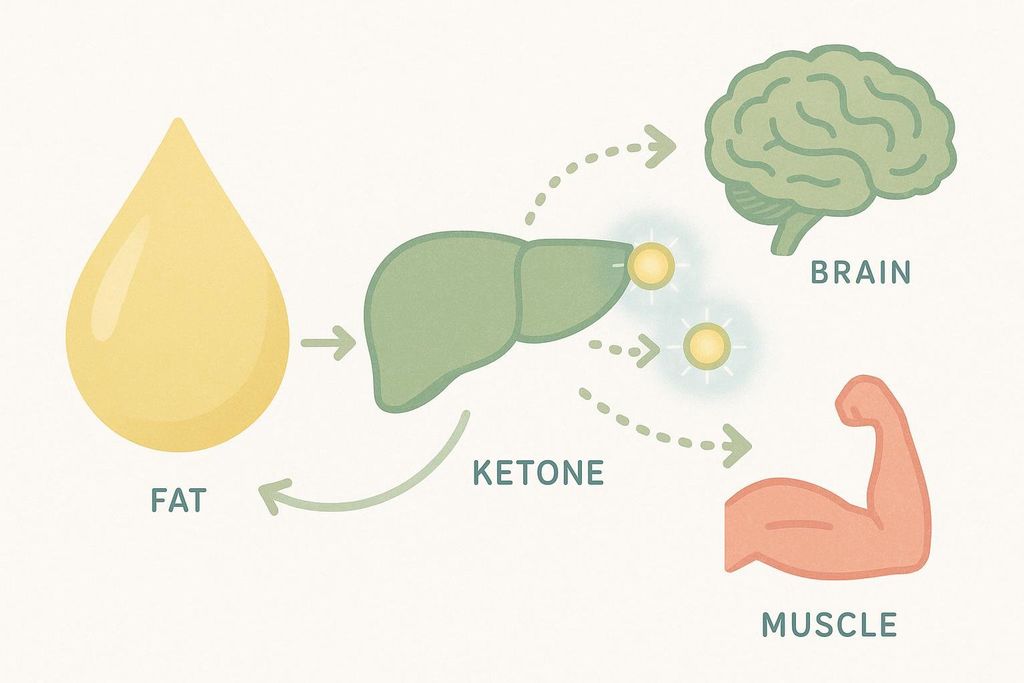 A diagram illustrating the metabolic process where a fat droplet is converted by the liver into ketones, which then provide energy to the brain and muscles. There is also a feedback loop showing ketones being converted back into fat.