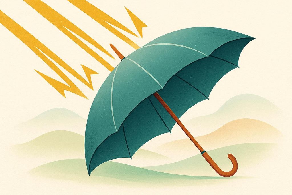 A stylized green umbrella is depicted, with diagonal orange rays of sunlight striking its upper surface. The umbrella casts a shadow, symbolizing protection from harsh sun, against a background of soft, rolling hills in muted green and beige tones.