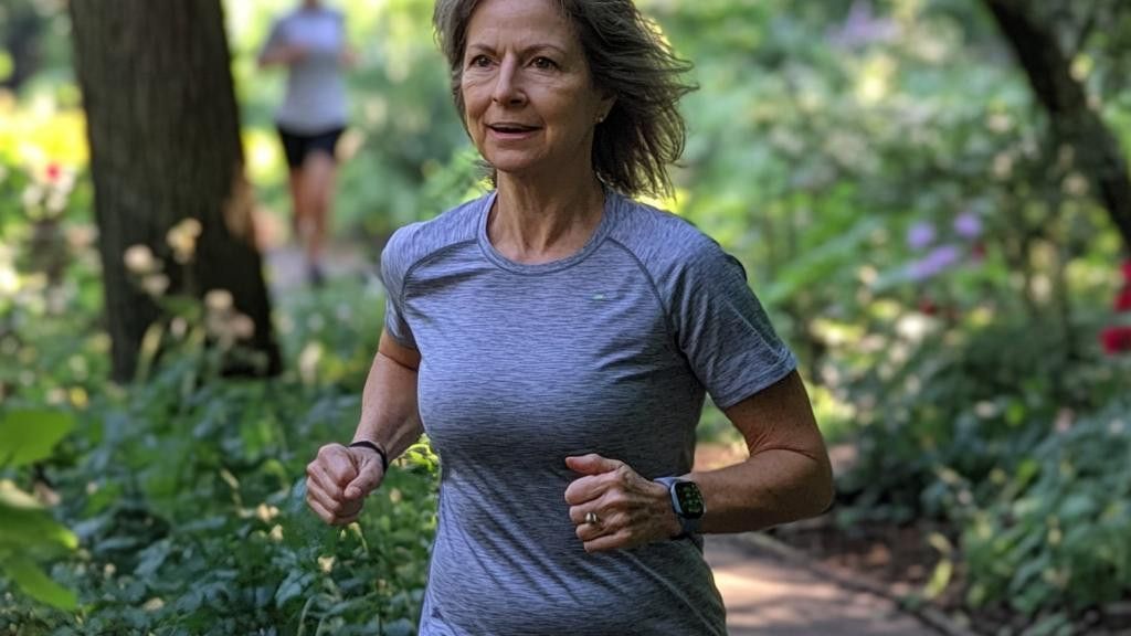 A woman in a gray shirt is running on a path in a wooded area. She is wearing a watch.