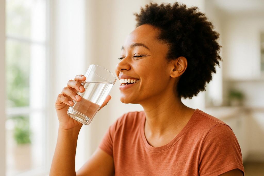 A smiling woman with dark, curly hair happily drinks from a glass of water, eyes closed in contentment, in a brightly lit room.