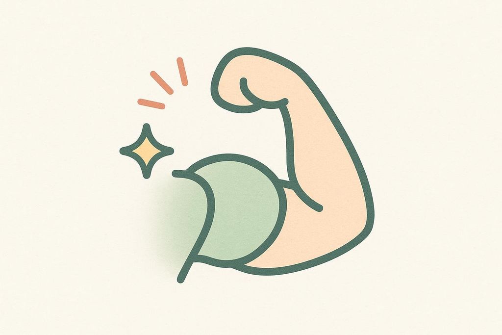 An icon of a flexed arm with a prominent bicep and a bicep peak. A small star and short lines are next to the arm, suggesting strength or power.