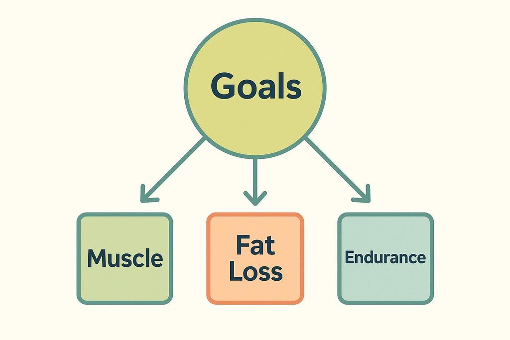 A flowchart diagram with a central circle labeled 'Goals' branching out via arrows to three rectangular boxes labeled 'Muscle', 'Fat Loss', and 'Endurance'.