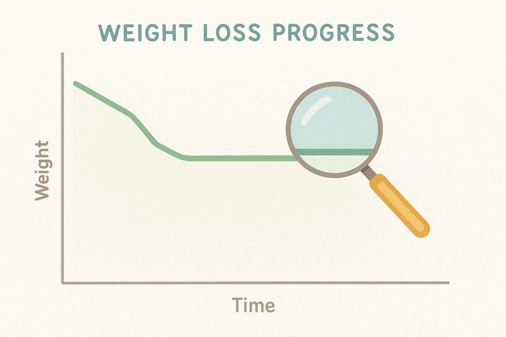 A line graph titled 'Weight Loss Progress' shows a initial decline in weight followed by a plateau. A magnifying glass is positioned over the plateau, emphasizing the analysis of the stagnant period in weight loss.
