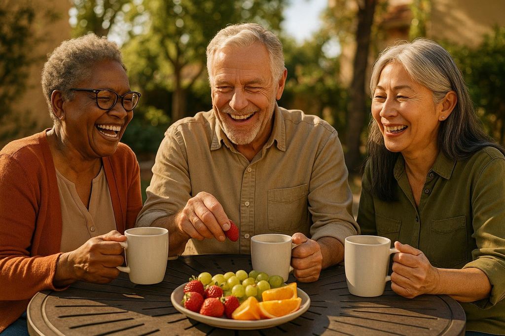 Three smiling and laughing older adults, two women and one man, sitting at an outdoor table with mugs and a plate of fruit including strawberries, grapes, and orange slices. The man is holding a strawberry.