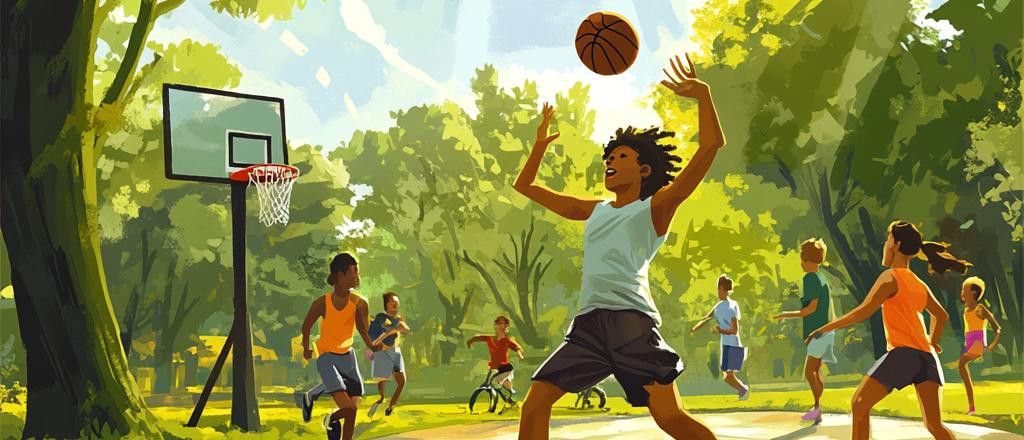 Illustration of a group of friends playing basketball in a sunlit park.