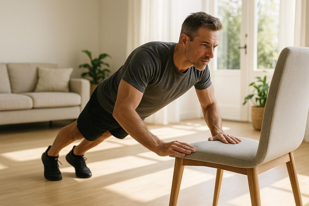 A man over 40 performing a chair-assisted incline push-up. He is in a home setting, demonstrating a joint-friendly HIIT exercise. He wears a gray t-shirt and black shorts with black gym shoes.