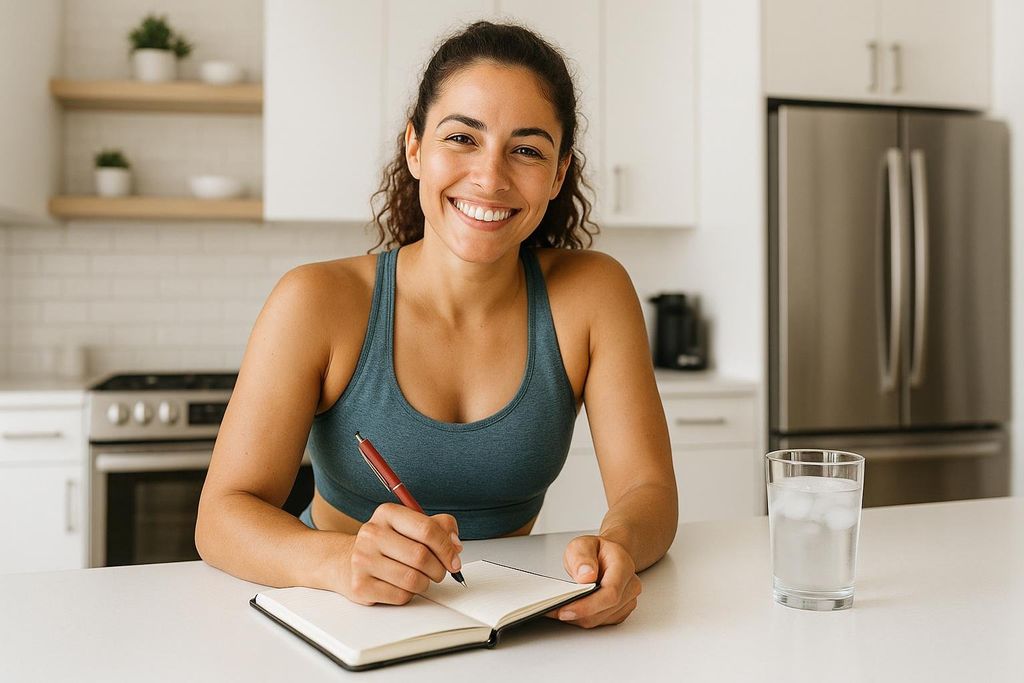 A woman reviewing her health notes in a bright kitchen.