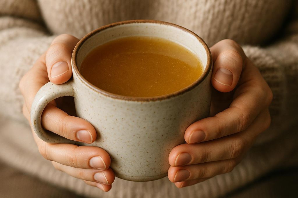 A person's hands cup a warm, speckled mug overflowing with golden bone broth. The mug is made of light-colored ceramic with a brown rim, and the person's fingers gently curl around it, suggesting comfort and warmth. The background is softly blurred with a neutral, possibly knitted, texture.