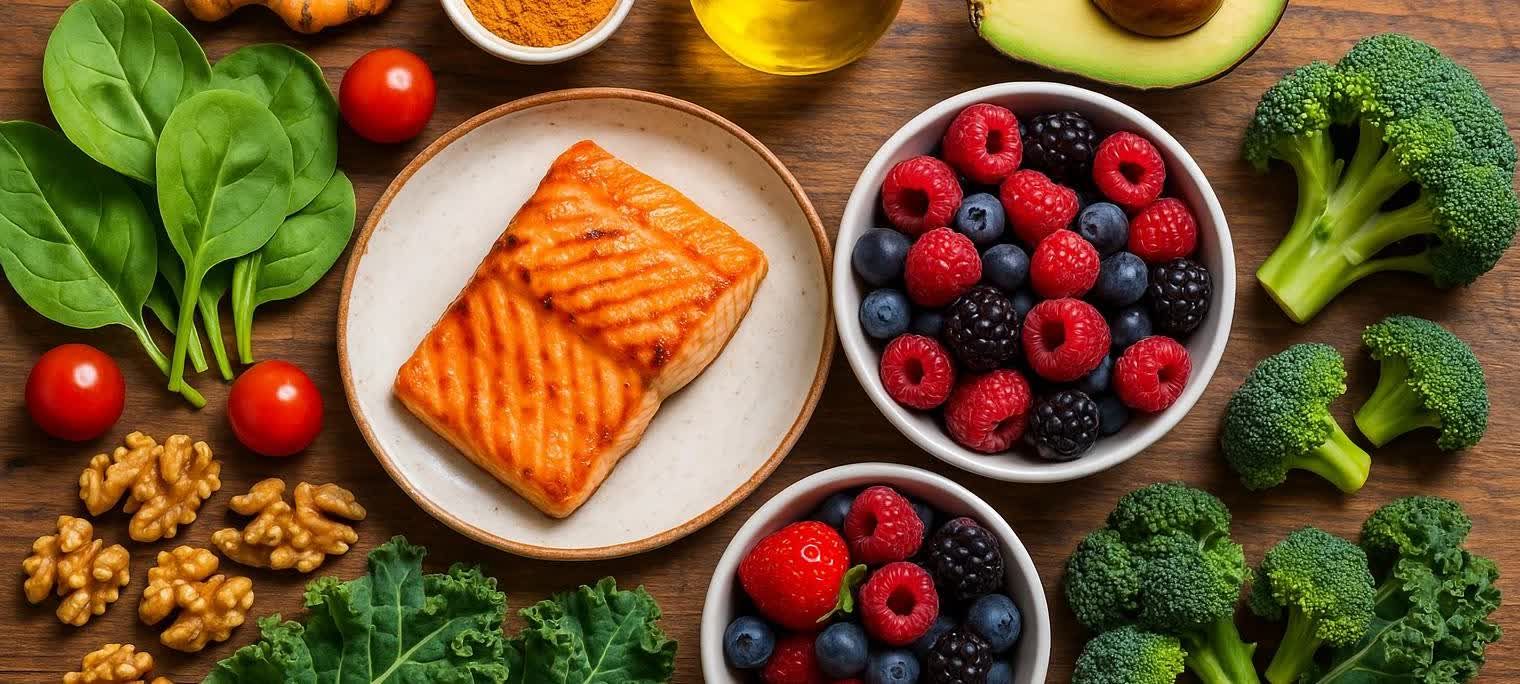 A colorful flat lay showcasing a variety of anti-inflammatory foods on a wooden surface. Featured items include a cooked salmon fillet, bowls of mixed berries (raspberries, blueberries, blackberries), fresh spinach leaves, cherry tomatoes, walnuts, broccoli florets, kale, a half avocado, turmeric powder, and olive oil.