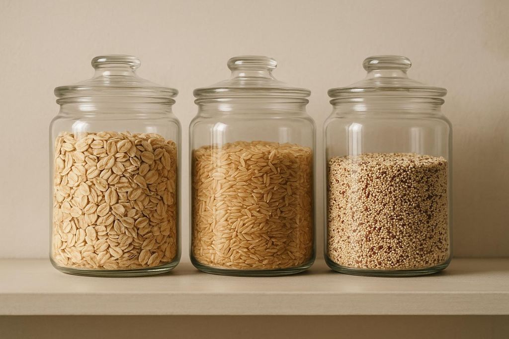 Three clear glass jars filled with dry goods. From left to right: rolled oats, brown rice, and quinoa, sitting on a light-colored shelf against a matching background.