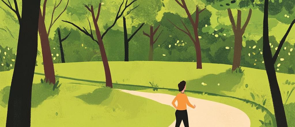 Illustration of a person walking on a path through a lush, green park with trees and foliage.