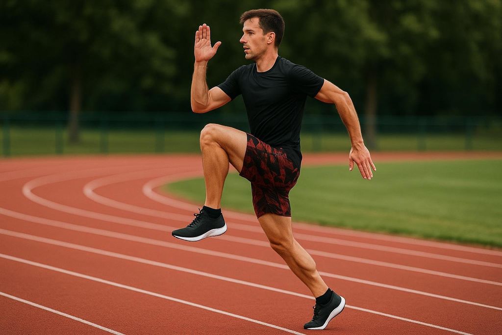 A male runner demonstrates a high-knees drill on a red track, showing strong form ideal for speed and agility training.