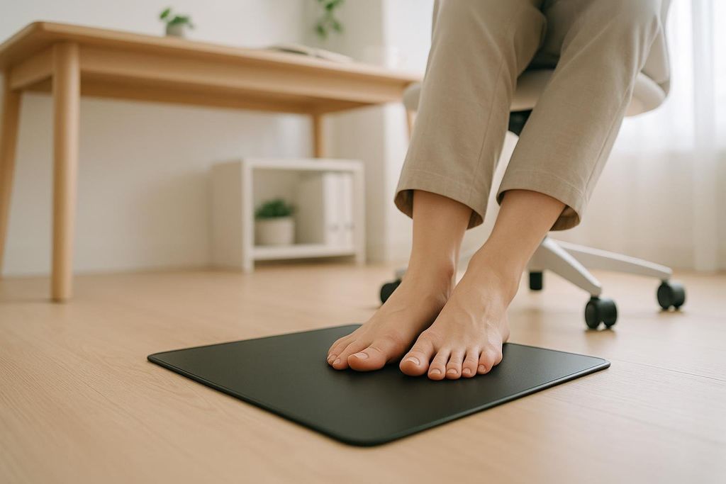 Low-angle view of someone's bare feet resting comfortably on a black grounding mat underneath a light-colored home office desk.