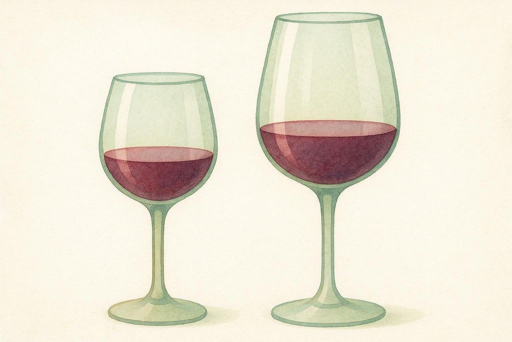 An illustration showing a standard 5-ounce pour of red wine. In the smaller glass on the left, the wine appears to fill a significant portion of the glass, while in the larger glass on the right, the same amount of wine looks much less full.