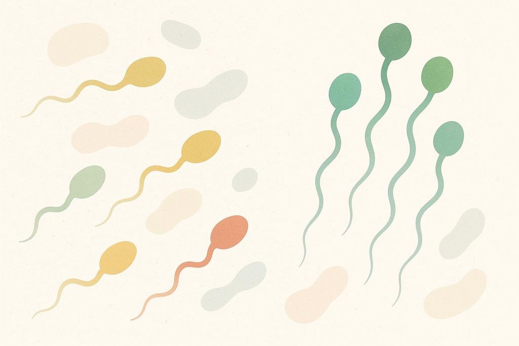 An abstract illustration depicting sperm cells. On the left, several multi-colored sperm cells with short, wiggling tails move erratically. On the right, four green sperm cells with much longer, straighter tails appear to be moving more directly and quickly across the frame. Lighter, indistinct blob shapes are scattered throughout the background.