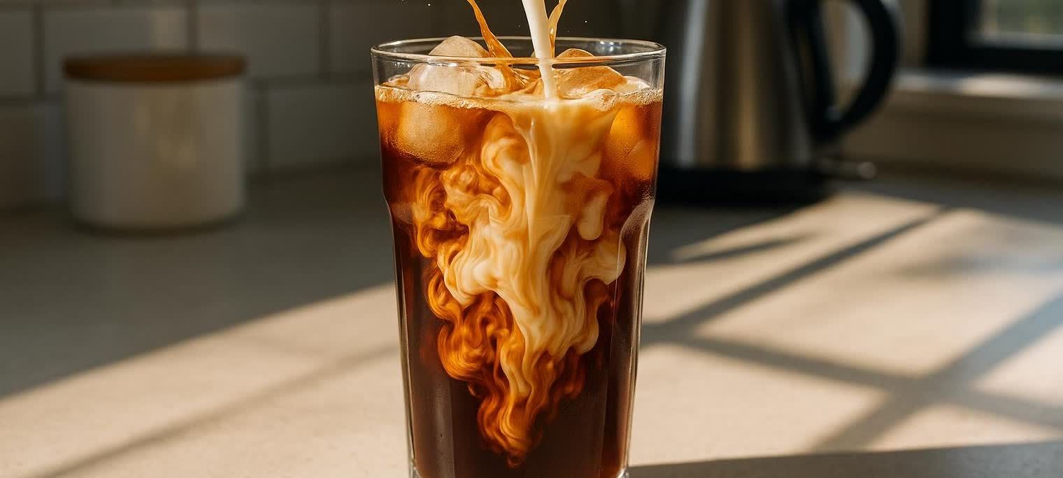 Milk being poured into a tall glass of iced coffee, creating beautiful swirls of white and brown. The glass sits on a kitchen counter illuminated by morning sunlight.