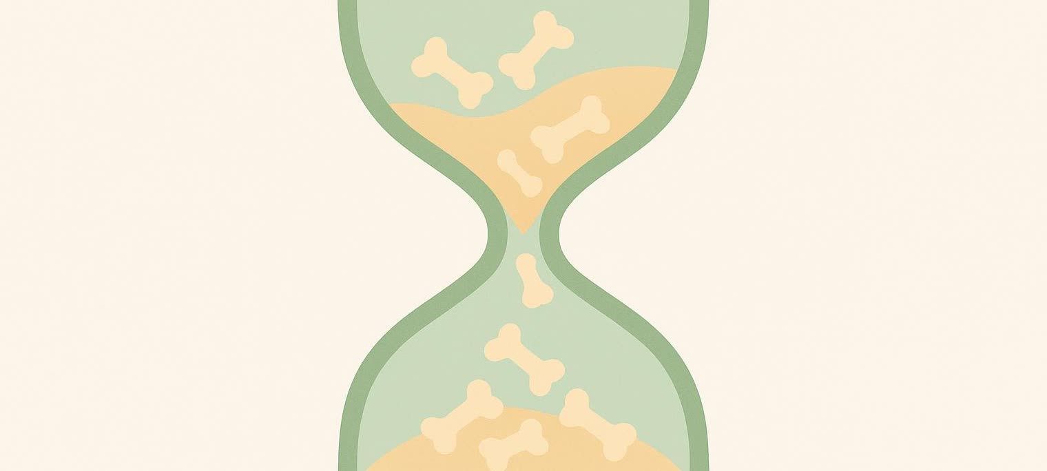 An illustration of a green-tinted hourglass with beige bone shapes falling from the top chamber to the bottom, suggesting the passage of time or the aging process.