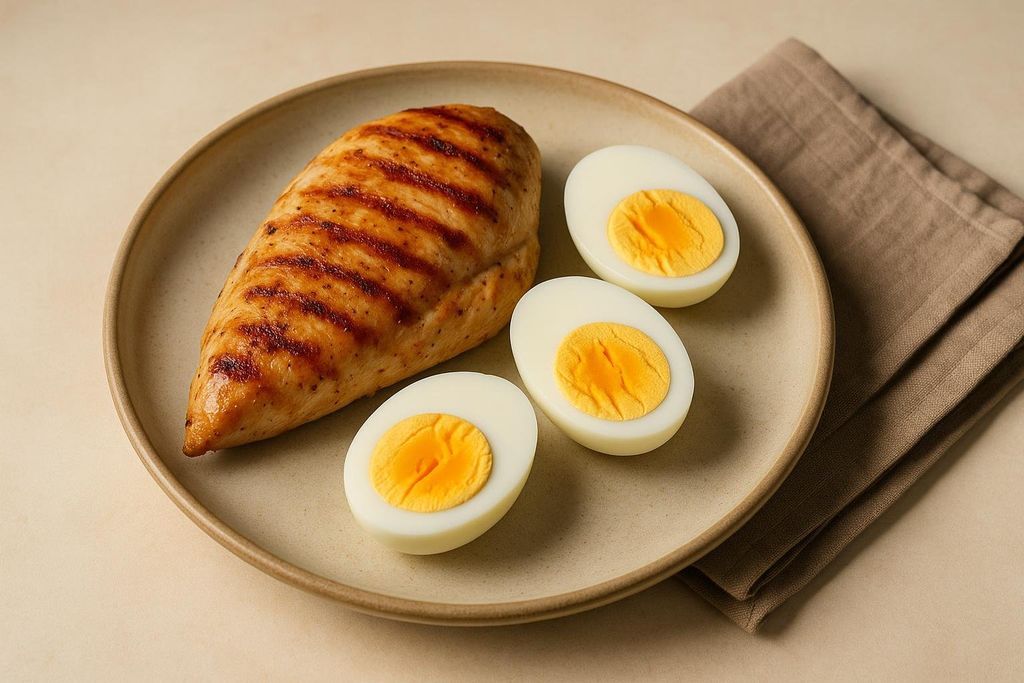 A close-up view of a grilled chicken breast and three halved hard-boiled eggs with bright yellow yolks, arranged on a beige plate. A folded brown napkin is visible in the background.