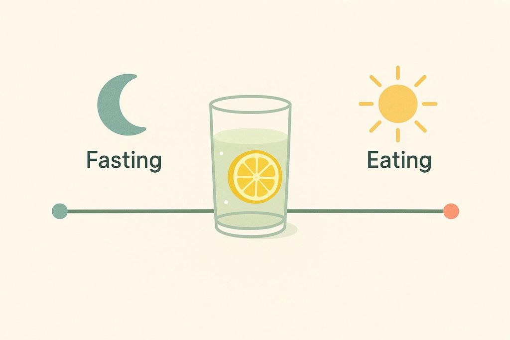 An illustration showing a timeline for intermittent fasting. On the left, a crescent moon and the word 'Fasting' are shown. In the center, a glass of water with a lemon slice indicates what can be consumed during fasting. On the right, a sun icon and the word 'Eating' represent the eating window.
