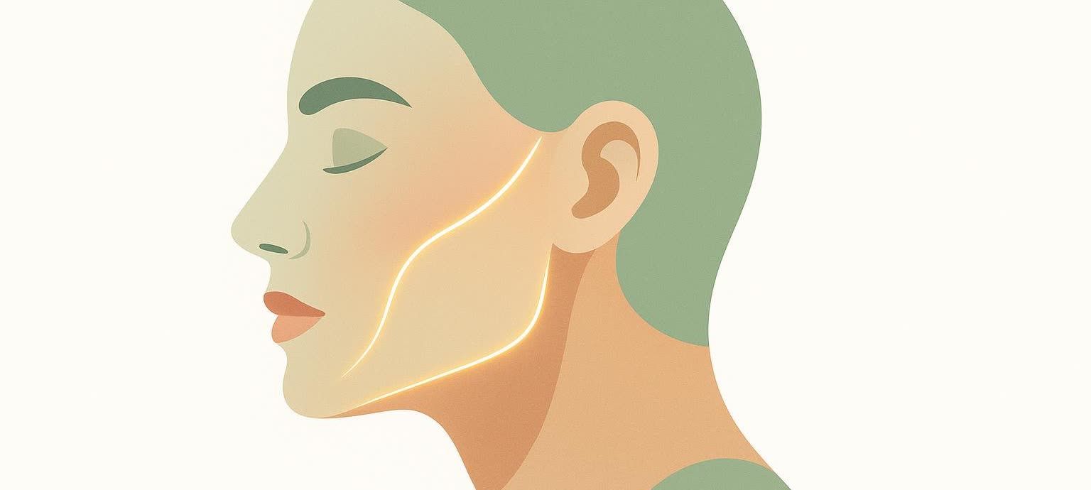 An abstract, minimalist illustration of a woman's profile facing left, with glowing lines highlighting her jawline and cheekbone area against a light background.