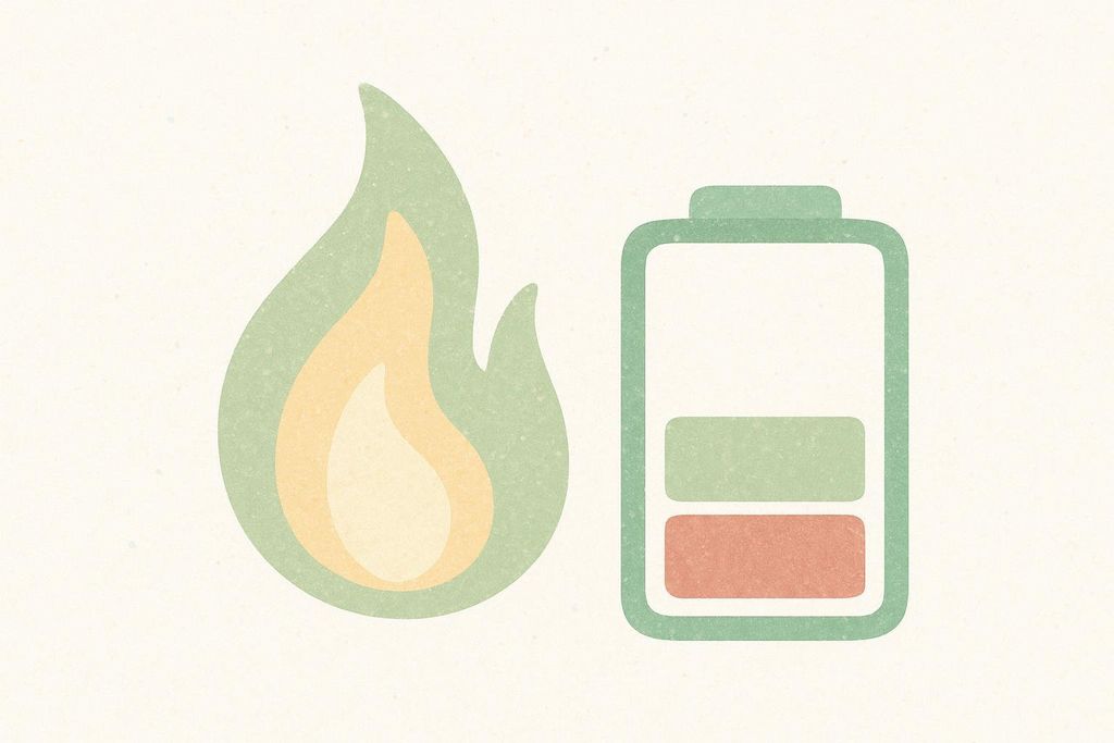Illustration of a dimmed green and orange flame next to a battery icon with orange and green bars indicating partial charge. Both symbols represent metabolic adaptation.