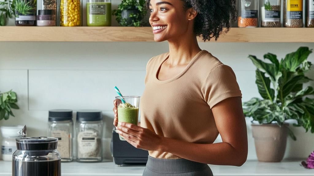 A smiling woman holds a green smoothie in a kitchen.
