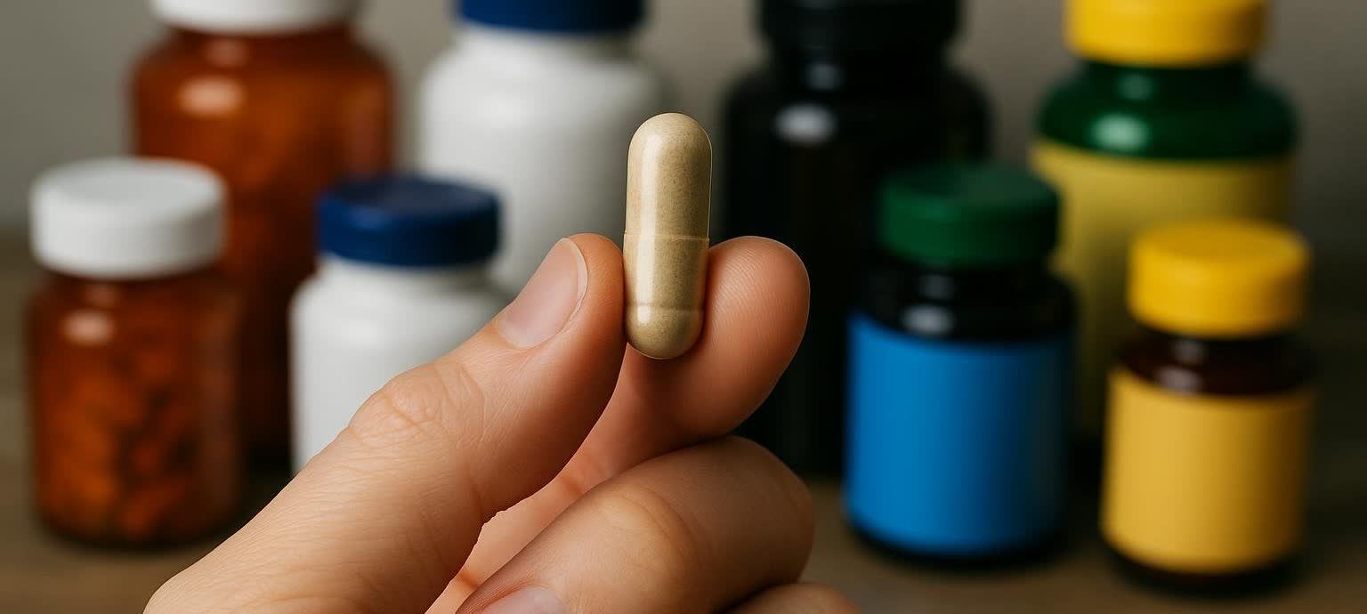 A person's fingers hold a single light brown capsule, a pill, in the foreground. In the blurred background, several colorful supplement or medication bottles are visible.
