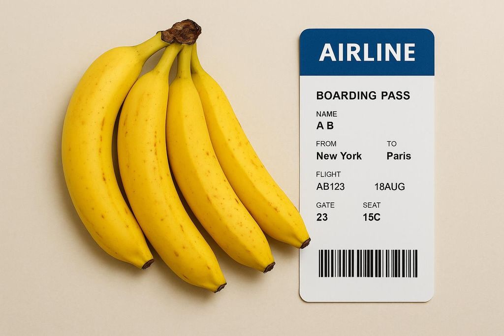 A bunch of four bananas are positioned next to a boarding pass for a flight from New York to Paris, illustrating a comparison of radiation exposure from a banana (containing natural radiation) to the exposure from a flight.