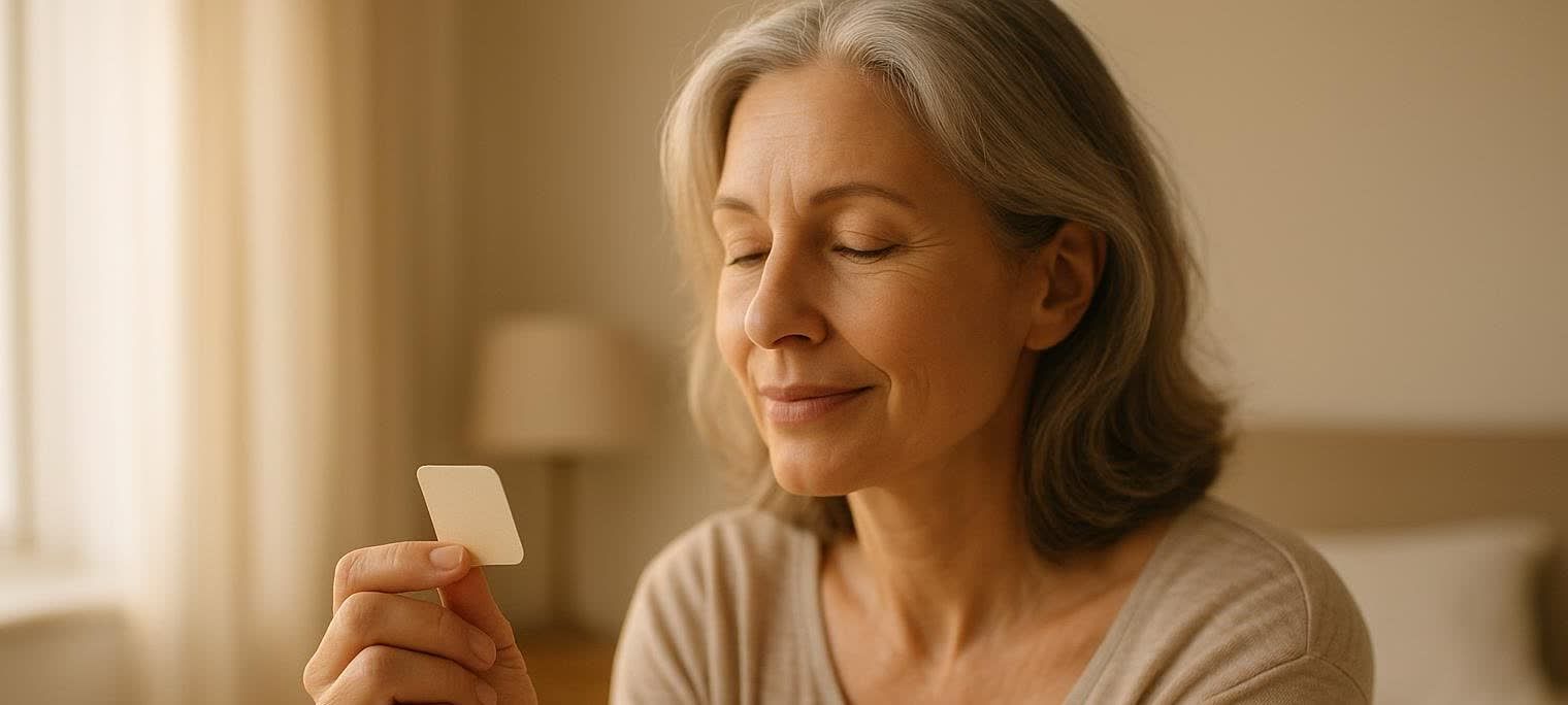 A mature woman with graying hair holds an unbranded transdermal hormone patch with her eyes closed, smiling gently in a sunlit bedroom.