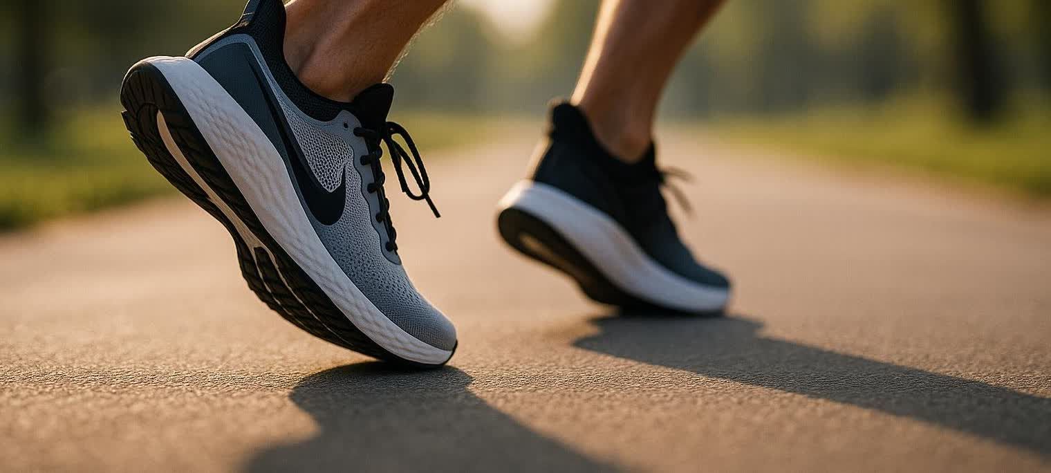Close-up of running shoes in motion on asphalt, suggesting movement and exercise.