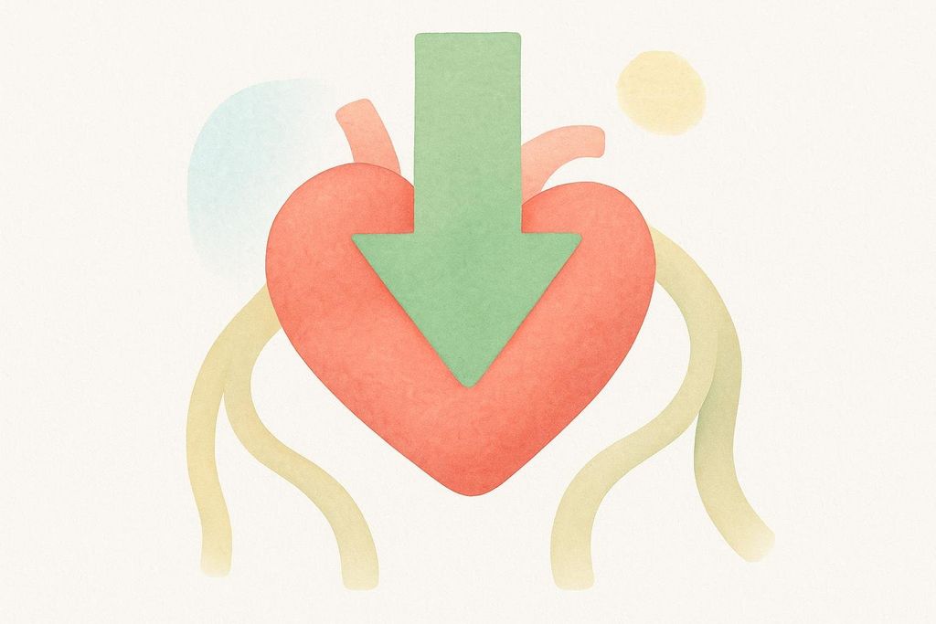 An illustration of a red heart with relaxed arteries, and a green downward arrow pointing at it. This symbolizes how isometric training lowers blood pressure.