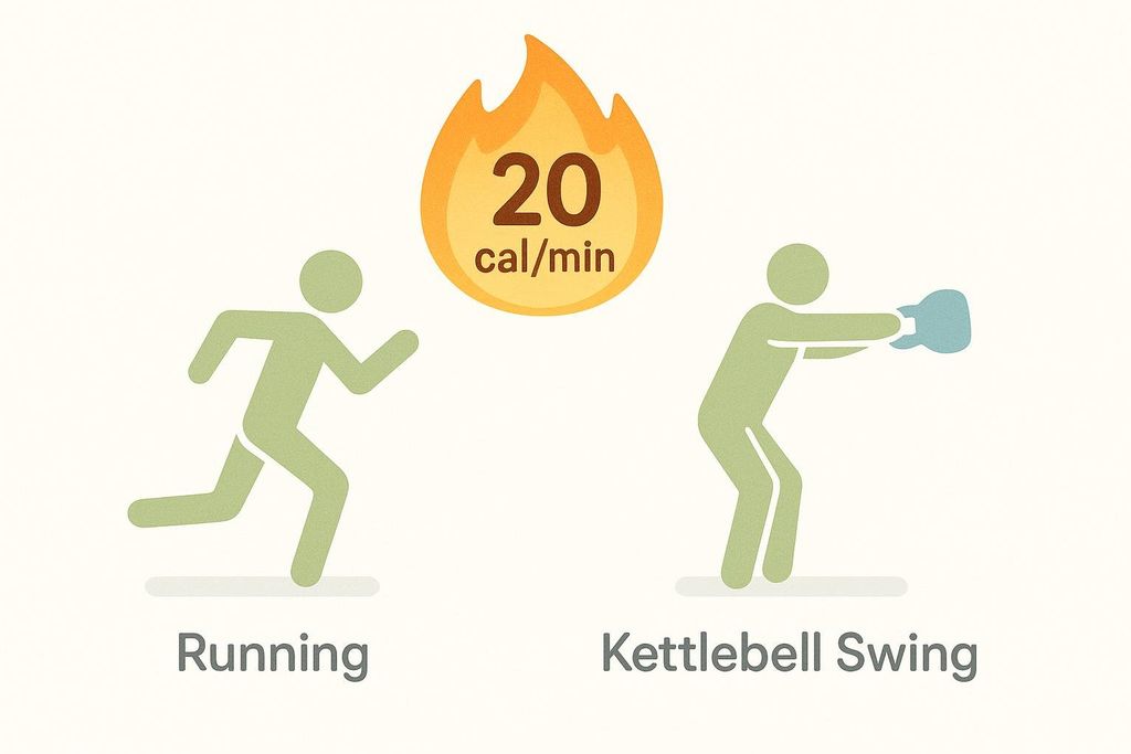 An illustration comparing the calorie burn of running and kettlebell swings, showing that both burn 20 calories per minute, indicated by a flaming icon with '20 cal/min' in the center.