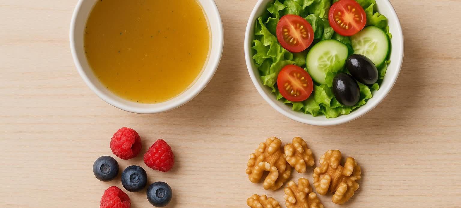 An artistic overhead photo of a fasting-mimicking diet meal, including vegetable soup, a small salad with lettuce, tomatoes, cucumbers, and olives, raw walnuts, and fresh raspberries and blueberries, all arranged on a light wooden table.