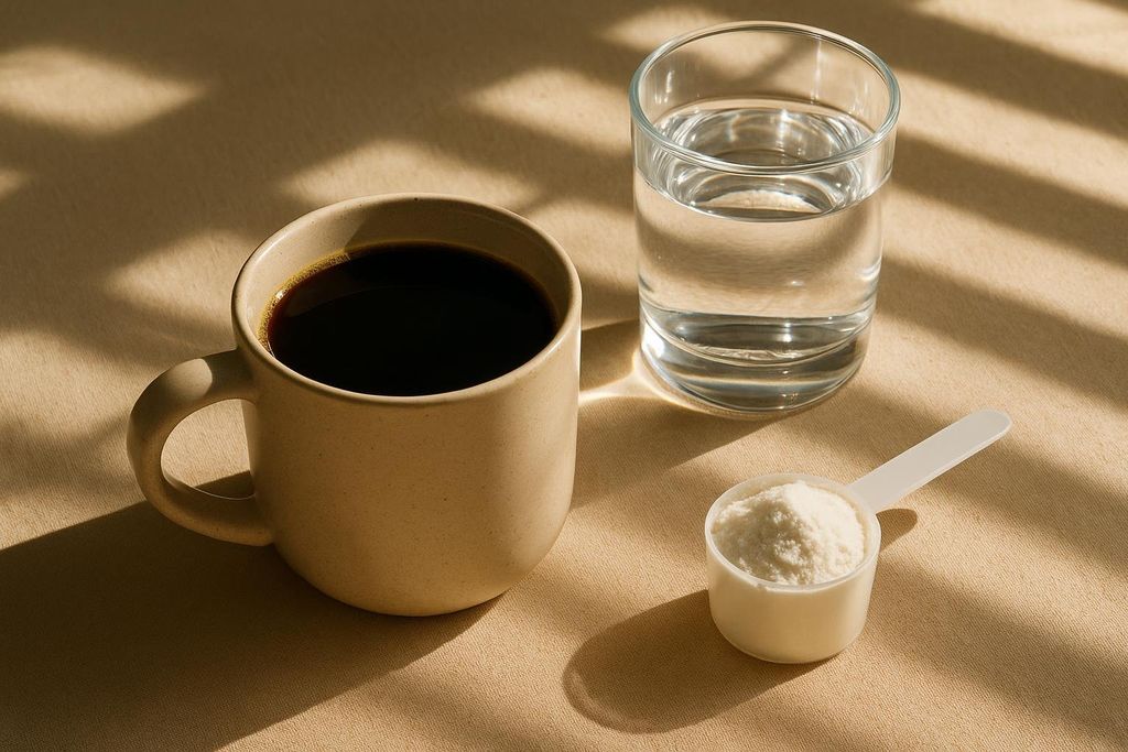 A beige mug full of black coffee, a glass of water, and a scoop of white collagen powder on a tan tablecloth with striped shadows.