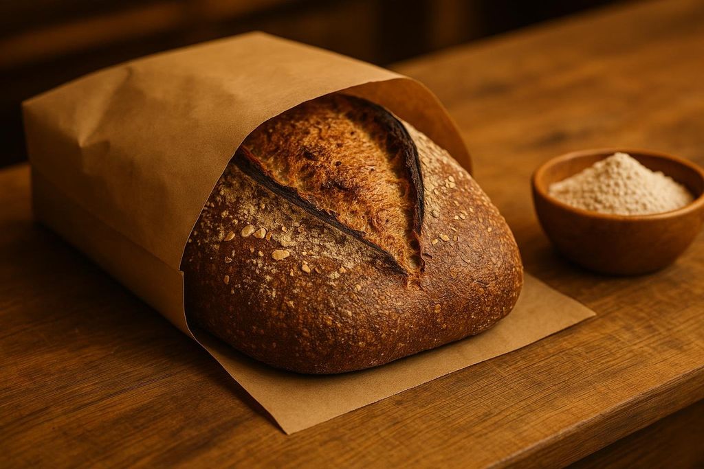 An artisanal whole-grain sourdough loaf, partially unwrapped in kraft paper, sits on a wooden bakery counter. A small wooden bowl filled with flour is next to the bread.