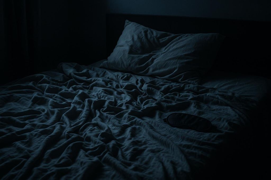 An unmade bed with wrinkled dark blue sheets and a pillow, dimly lit, suggesting restless sleep or insomnia. A black sleep mask rests on the sheets.